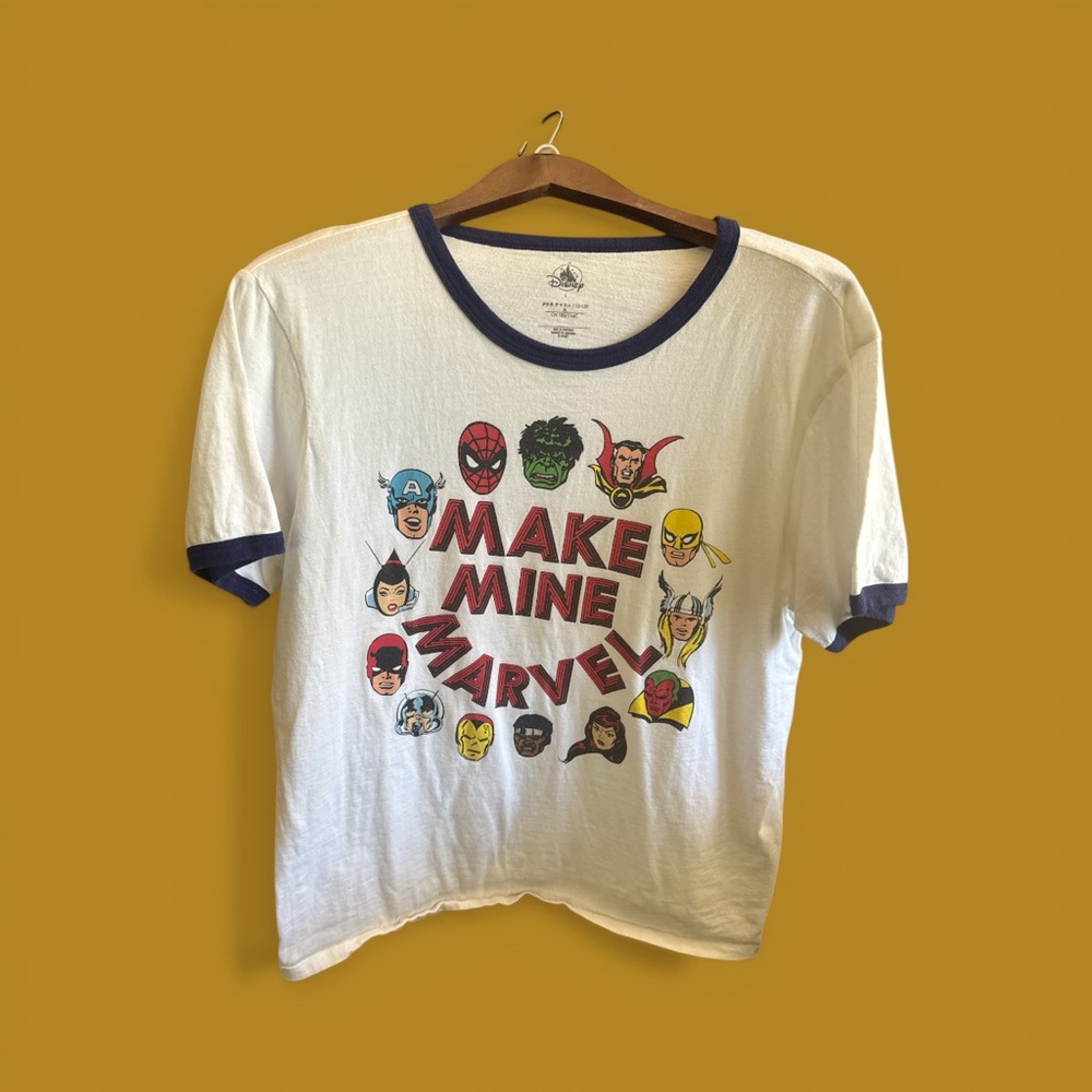 Disney White Ringer Tee with Navy Trim "Make Mine Marvel" Graphic Superhero Top
